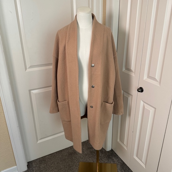 Aritzia Babaton Tamarak Merino Wool Open Front Coat Camel Long Jacket - Picture 6 of 10